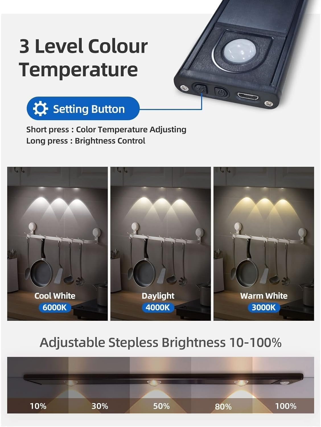 3 Light Modes Rechargeable LED Under
Cabinet Lights Motion Sensor Light