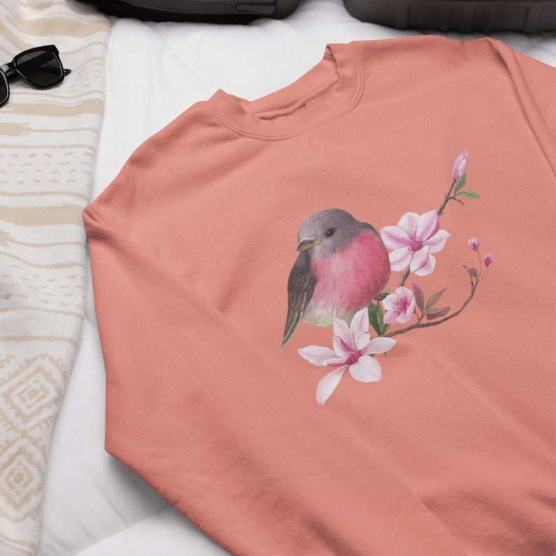 Sakura Cherry Blossom Bird Hoodie, Sweatshirt & Tee - Spring Flowers Pink Vibes OOTD Shirt for Stylish Spring Outfits